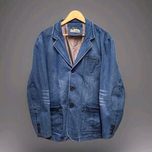 ChouYatou Denim Blazer Jacket Elbow Patches 4 Pockets Large Chore Coat